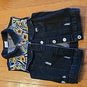 Boutique Kids Youth Girls Jean Denim Vest Floral Sunflower Distressed Zebra